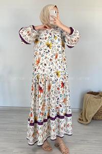 Modalamelif V Yaka Çiçek Desenli Elbise Ekru