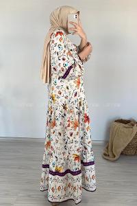 Modalamelif V Yaka Çiçek Desenli Elbise Ekru