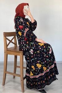 Modalamelif V Yaka Çiçek Desenli Elbise Siyah