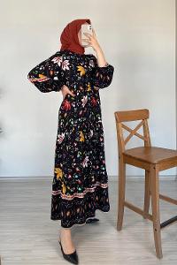 Modalamelif V Yaka Çiçek Desenli Elbise Siyah