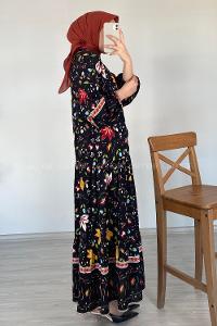 Modalamelif V Yaka Çiçek Desenli Elbise Siyah