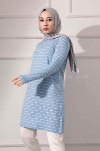 Modalamelif Bisiklet yaka Çizgili Tunik Açık Mavi