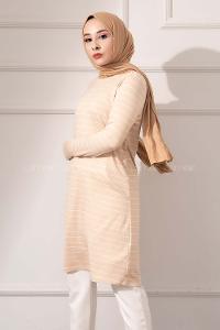 Modalamelif Bisiklet yaka Çizgili Tunik Bej