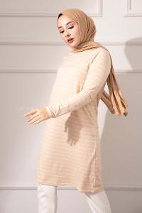 Modalamelif Bisiklet yaka Çizgili Tunik Bej