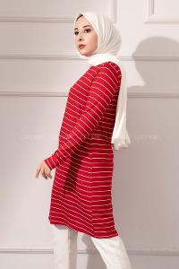 Modalamelif Bisiklet yaka Çizgili Tunik Kırmızı
