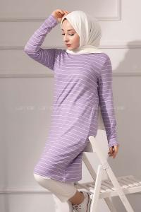 Modalamelif Bisiklet yaka Çizgili Tunik Lila