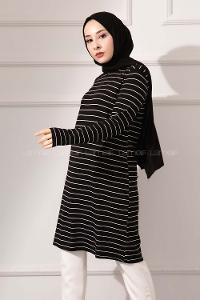Modalamelif Bisiklet yaka Çizgili Tunik Siyah