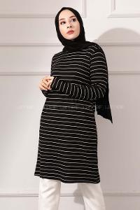 Modalamelif Bisiklet yaka Çizgili Tunik Siyah