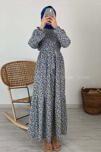 Modalamelif Çiçek Desenli Kaşkorse Elbise Mavi