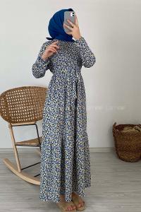 Modalamelif Çiçek Desenli Kaşkorse Elbise Mavi