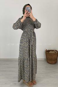 Modalamelif Çiçek Desenli Kaşkorse Elbise Siyah