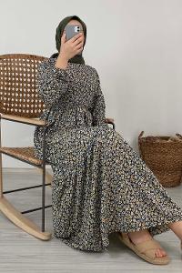 Modalamelif Çiçek Desenli Kaşkorse Elbise Siyah