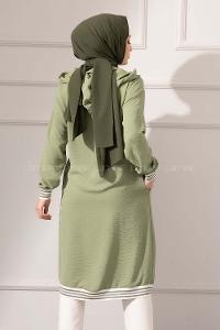 Modalamelif Etek Ucu Şeritli Kapşonlu Tunik Çağla Yeşili