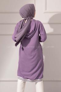 Modalamelif Etek Ucu Şeritli Kapşonlu Tunik Eflatun