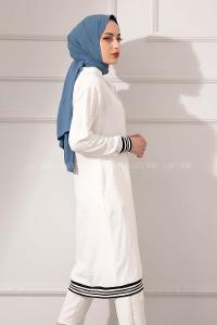 Modalamelif Etek Ucu Şeritli Kapşonlu Tunik Ekru