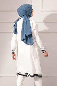 Modalamelif Etek Ucu Şeritli Kapşonlu Tunik Ekru