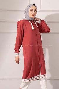 Modalamelif Etek Ucu Şeritli Kapşonlu Tunik Koyu Pembe