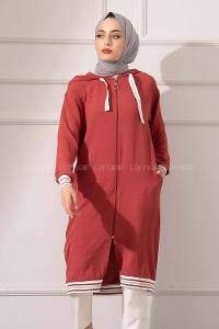 Modalamelif Etek Ucu Şeritli Kapşonlu Tunik Koyu Pembe