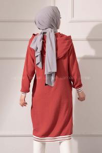 Modalamelif Etek Ucu Şeritli Kapşonlu Tunik Koyu Pembe