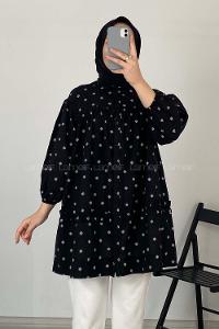 Modalamelif Fırfırlı Desenli Gömlek Siyah