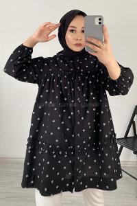 Modalamelif Fırfırlı Desenli Gömlek Siyah