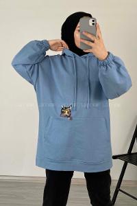 Modalamelif Kedi Nakışlı Sweatshirt Açık Mavi