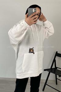 Modalamelif Kedi Nakışlı Sweatshirt Beyaz
