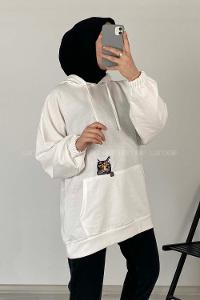 Modalamelif Kedi Nakışlı Sweatshirt Beyaz