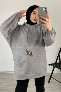 Modalamelif Kedi Nakışlı Sweatshirt Gri