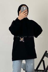 Modalamelif Kedi Nakışlı Sweatshirt Siyah