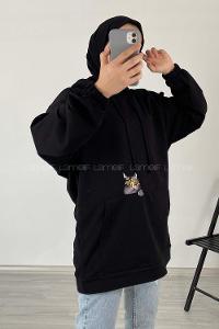 Modalamelif Kedi Nakışlı Sweatshirt Siyah
