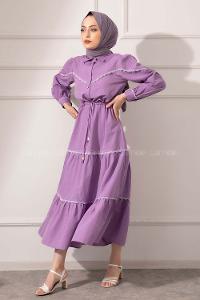 Modalamelif Önü Düğmeli Dantelli Elbise Lila