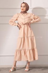 Modalamelif Önü Düğmeli Dantelli Elbise Sütlü Kahve