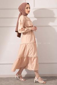 Modalamelif Önü Düğmeli Dantelli Elbise Sütlü Kahve