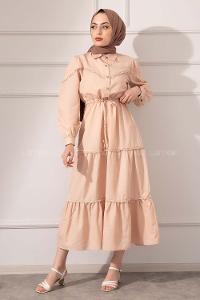 Modalamelif Önü Düğmeli Dantelli Elbise Sütlü Kahve