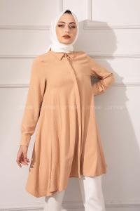 Modalamelif Önü Gizli Düğmeli Volanlı Tunik Camel