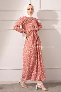 Modalamelif Yaka Bağlamalı Kaşkorse Elbise Pudra