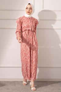 Modalamelif Yaka Bağlamalı Kaşkorse Elbise Pudra