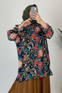 Modalamelif Yaprak Desen Dijital Baskı Gömlek Lacivert