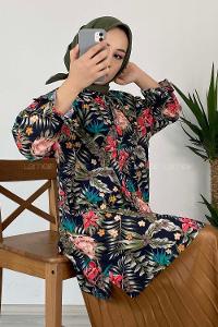 Modalamelif Yaprak Desen Dijital Baskı Gömlek Lacivert