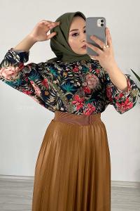 Modalamelif Yaprak Desen Dijital Baskı Gömlek Lacivert