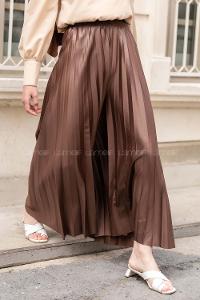 Modalamelif Bel Lastikli Pileli Deri Görünümlü Pantolon Acı Kahve