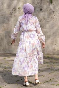 Modalamelif Beli Bağcıklı Desenli Elbise Lila