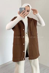 Modalamelif Çift Cepli Önü Düğmeli Yelek Acı Kahve
