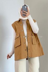 Modalamelif Çift Cepli Önü Düğmeli Yelek Camel