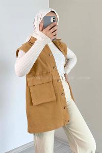 Modalamelif Çift Cepli Önü Düğmeli Yelek Camel