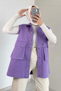 Modalamelif Çift Cepli Önü Düğmeli Yelek Mor