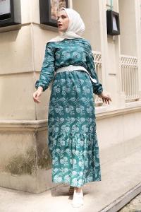 Modalamelif Deri Kemerli Desenli Elbise Pastel Yeşili