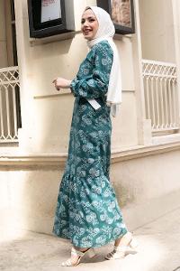 Modalamelif Deri Kemerli Desenli Elbise Pastel Yeşili