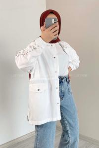 Modalamelif Kol Taş Detaylı Kot Ceket Beyaz